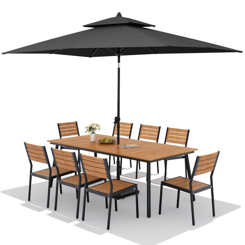 11PC Outdoor Patio Dining Set Aluminum Table with Stackable Chairs w/ Premium Market Umbrella Sets