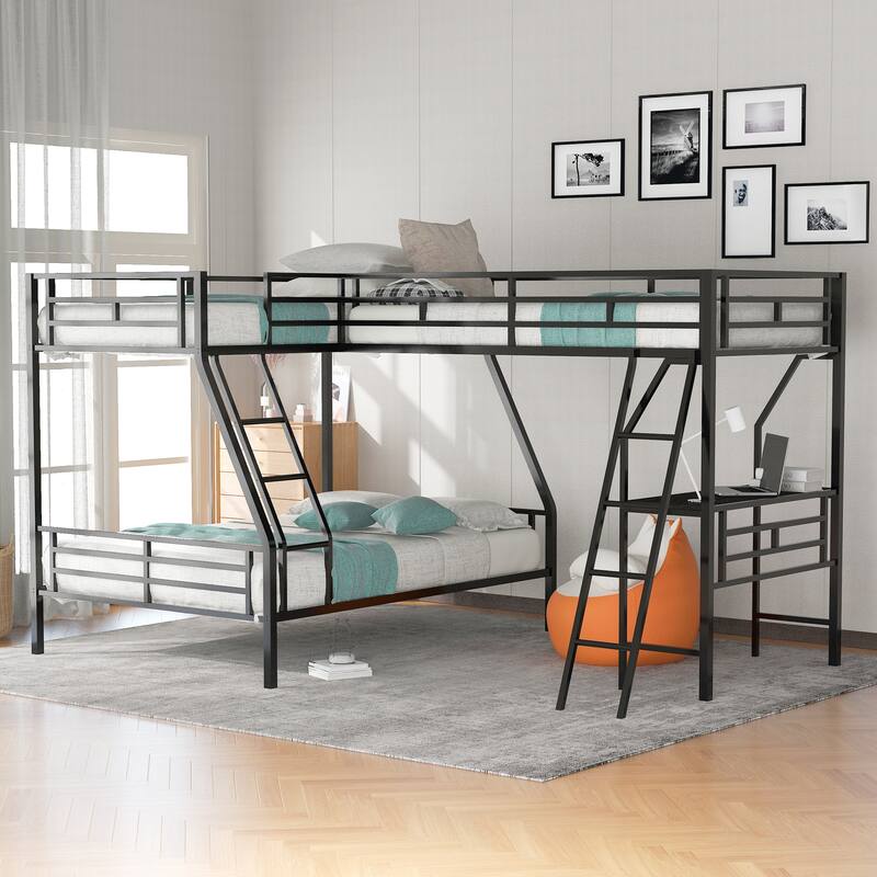 Black Contemporary Twin over Full Bunk Bed with Loft, Desk, Guardrails, Black - Black
