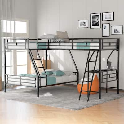 Black Contemporary Twin over Full Bunk Bed with Loft, Desk, Guardrails, Black