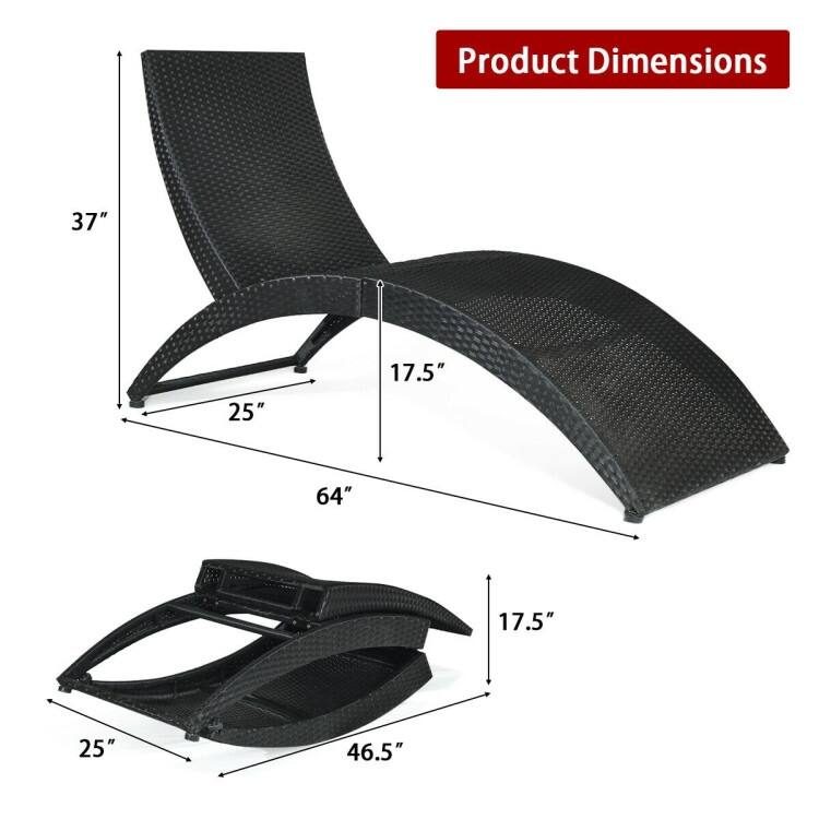 Folding Patio Rattan Portable Lounge Chair Chaise with Cushion - 64'' x 25'' x 37'' (L x W x H)