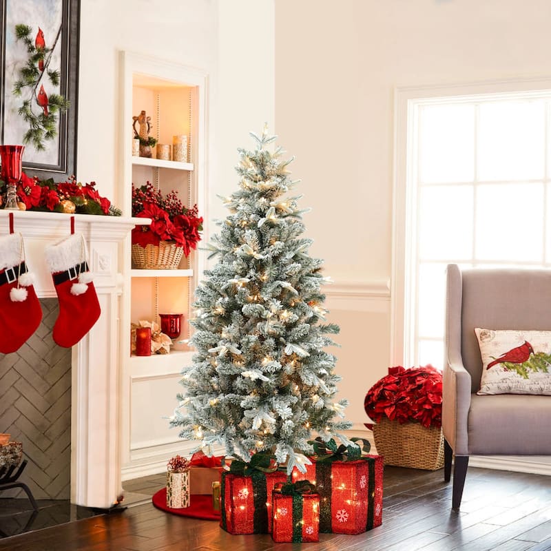 5Ft Pre-Lit Full Artificial Flocked Christmas Tree - 60" H x 33.9" W x 33.9" D