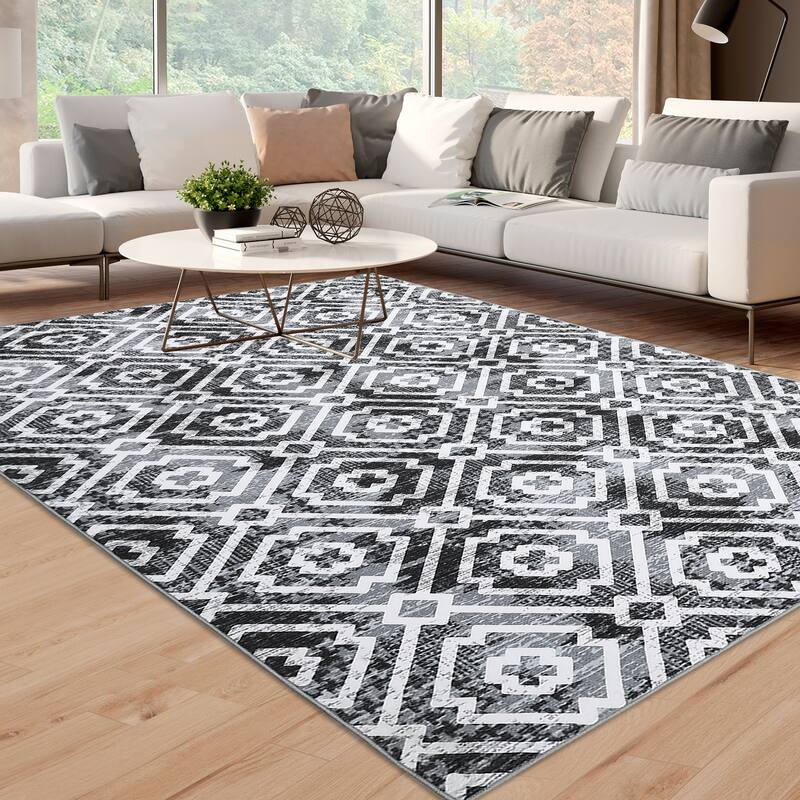 Geometric Area Rugs for Living Room Bedroom Distressed Washable Accent Rug Non-Slip Low Pile Carpet