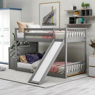 Gray Twin over Twin Wood Bunk Bed with Convertible Slide and Stairway ...
