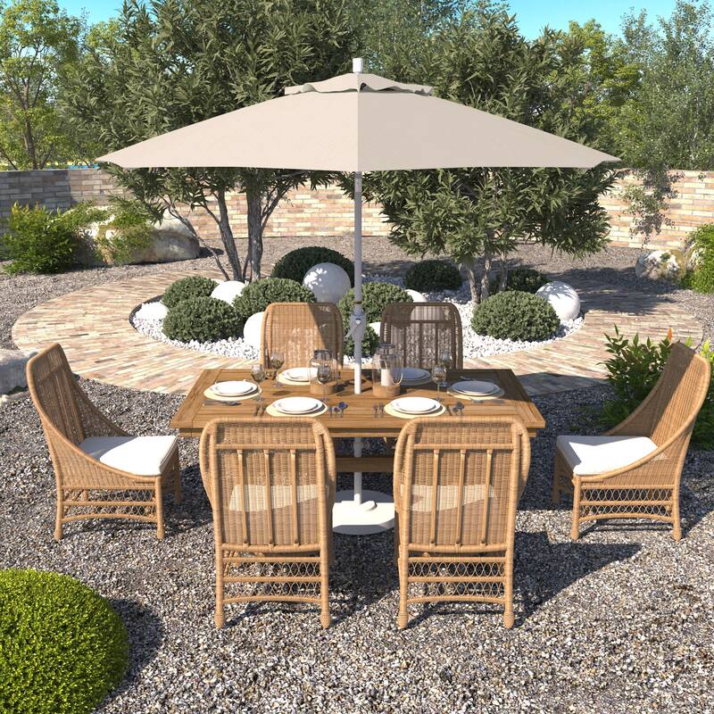 California Umbrella 9' Round Crank Lift Push Button Tilt White Aluminum Patio Umbrella with Olefin Royal Blue Fabric - Antique Beige