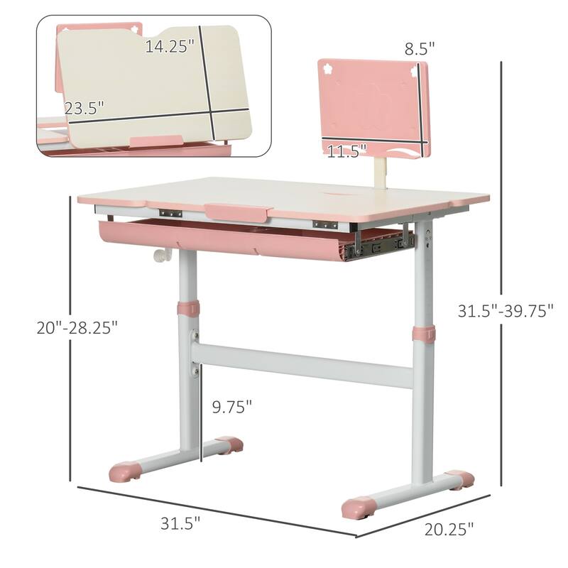 Qaba Kids Desk, Height Adjustable Children School Study Table, Student Writing Desk with Tilt Desktop, Pink