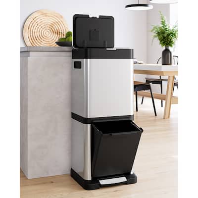 9-Gallon 3-Bucket Kitchen Trash Can with Lid in Stainless Steel