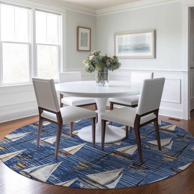 Premium Washable Super Soft Sailboat Marina Mayfield Rug - Navy - 8' x 8' - Round