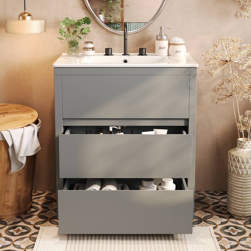 30"/60" Bathroom Vanity Set, Freestanding Bathroom Vanity Cabinet with Ceramic Sink Basin & Drawers