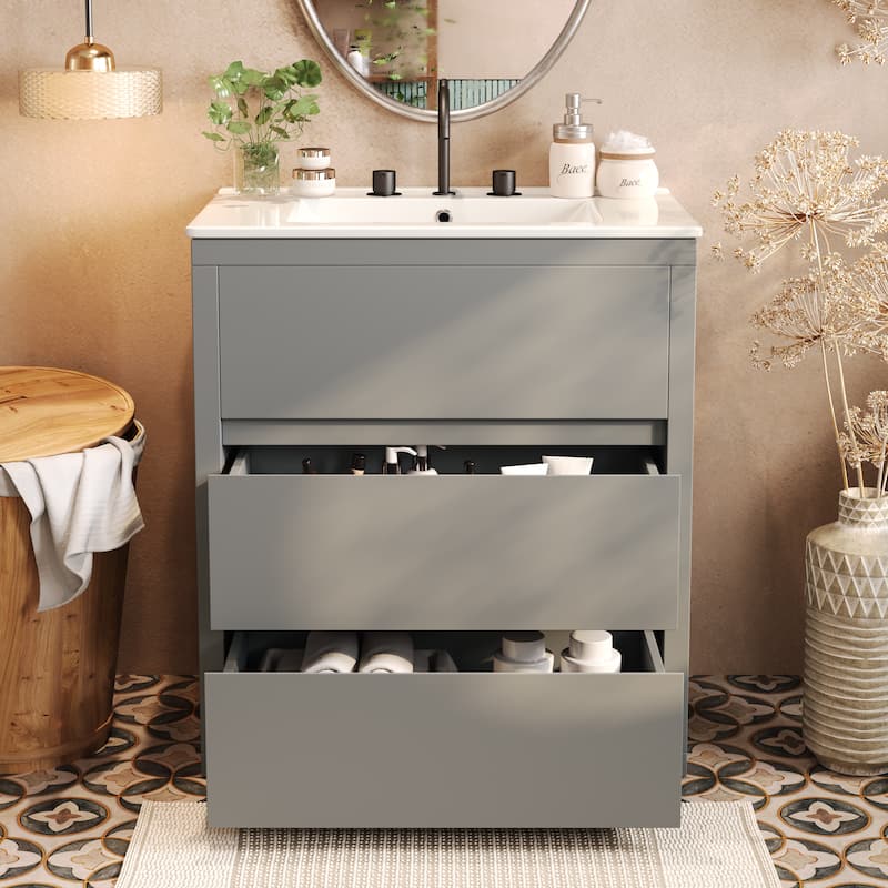 30" Freestanding Bathroom Vanity with Ceramic Sink - 2 Full-Extension Drawers, Soft-Close Slides & 45° Handle-Free Design