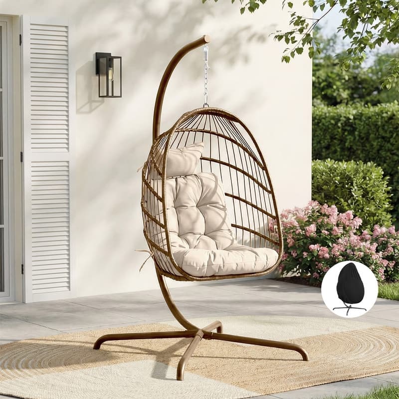 Oversized Wicker Hanging Egg Chair with Stand, Outdoor Indoor Swing Chair with Cushion, 350 lb Capacity - Brown/Cover