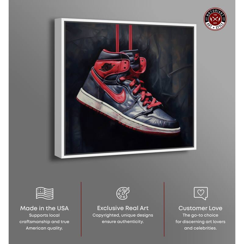 Notoriart Black And Red Hanging Sneaker Framed Sneaker 1 Piece Canvas Wall Art