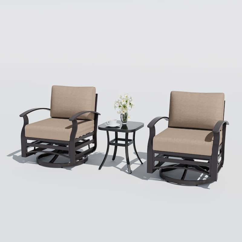 Aluminum Patio Outdoor Sectional Sofa Set with Fire Pit, Swivel Rocking Chairs and Ottomans - SwivelSet - Khaki