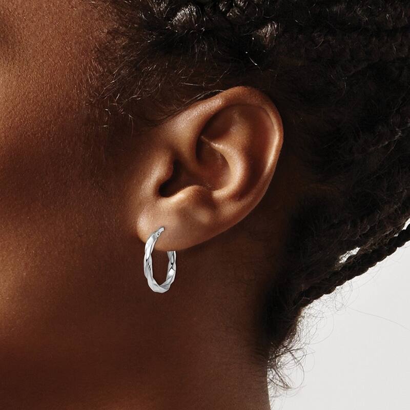 Curata 14k White Gold Polished and Textured 3x20mm Hoop Earrings