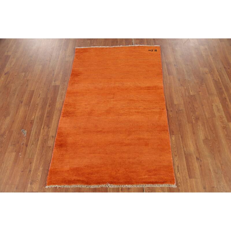 Orange Modern Gabbeh Foyer Rug Solid Hand-Knotted Wool Carpet - 3'1" x 4'11"
