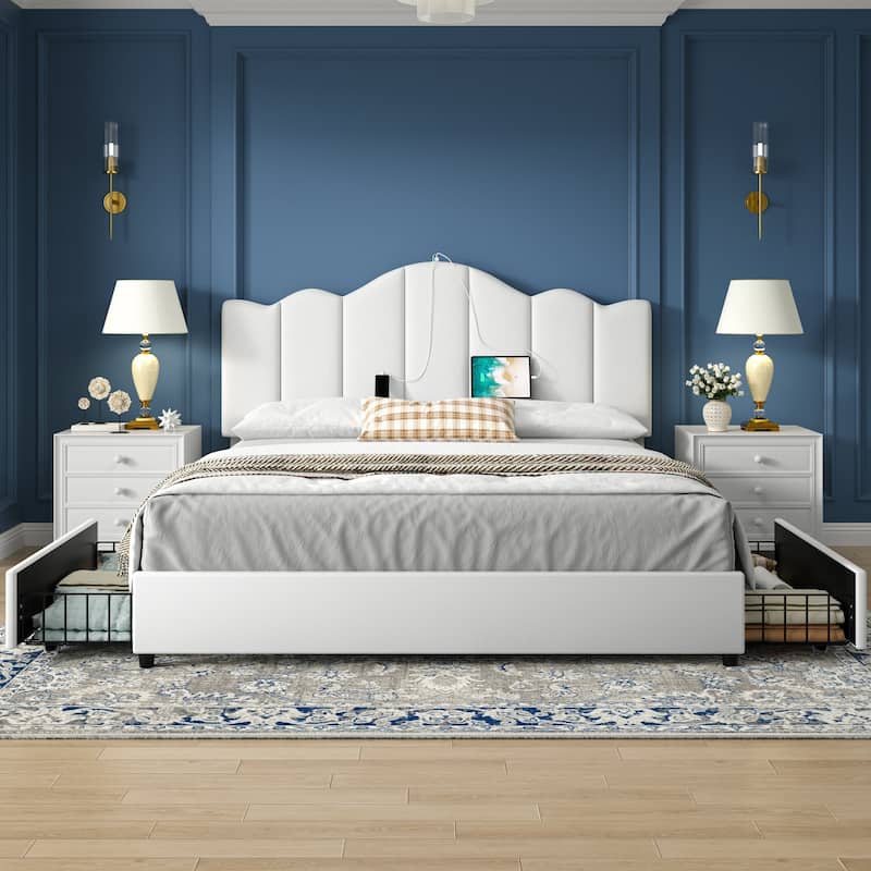VECELO Upholstered Storage Bed Frames with Charging Stations and 4 Rolling Drawers on Both Sides Vertical Stripe Design