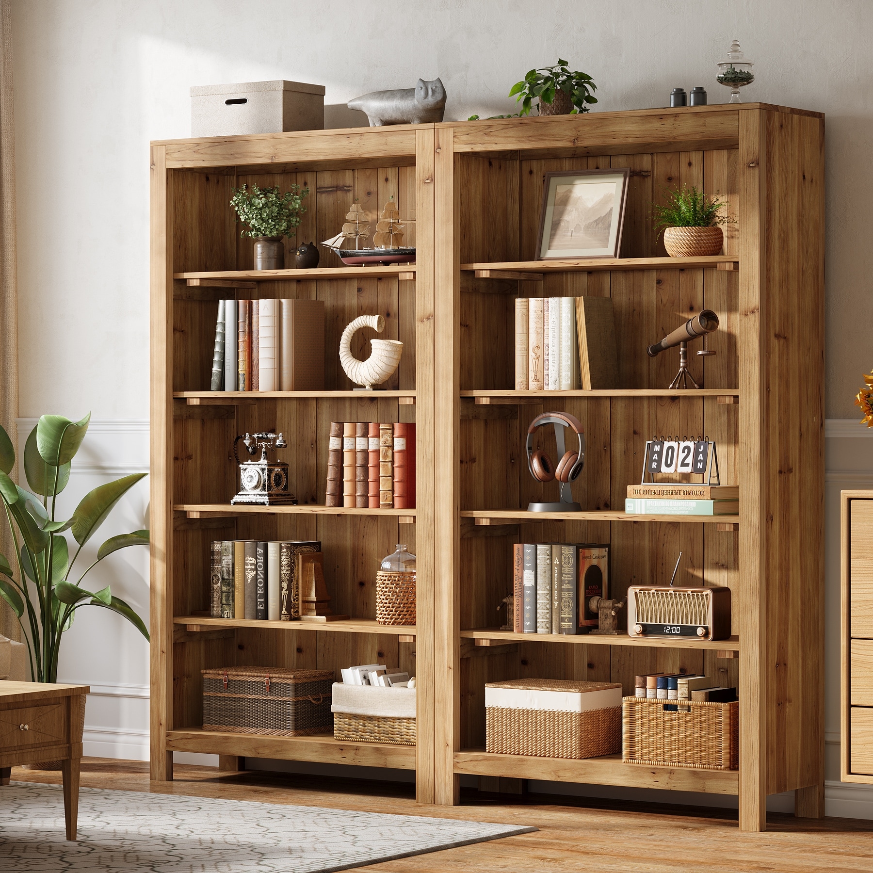 5-Tier Tall Solid Wood Bookcase (Set of 2), Heavy Duty Floor Large Bookshelf Standing Display Shelf for Living Room Library