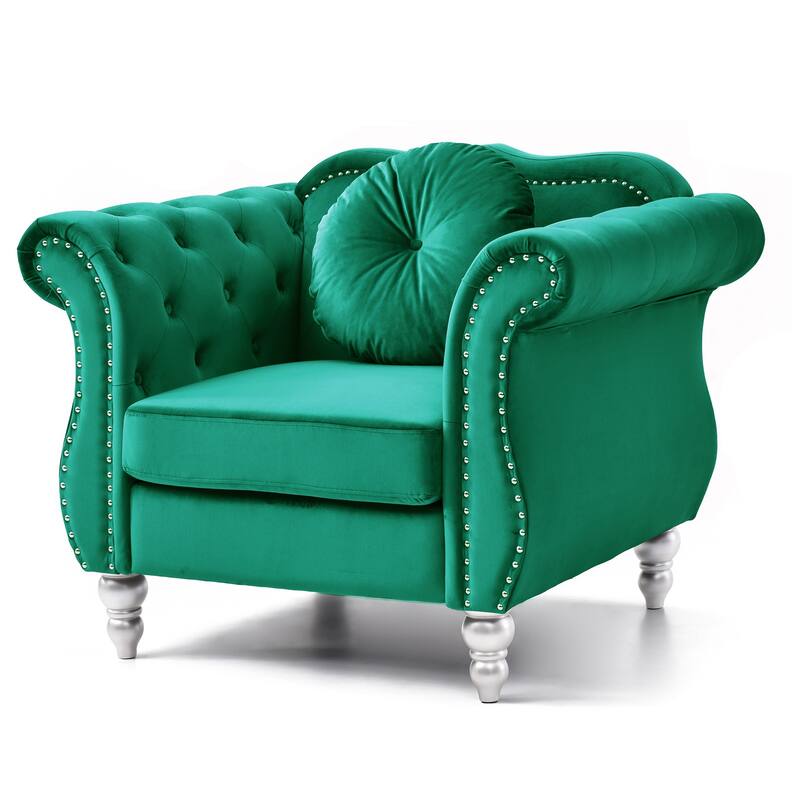Tufted Velvet Accent Chair with Round Pillow - 39" - Green