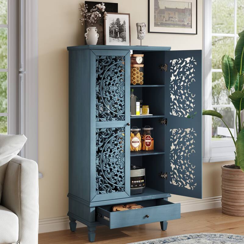 Carved Accent Cabinet Kitchen Pantry Cabinet with Doors, 55" Tall Storage Cabinet with Solid Wood Legs - Blue