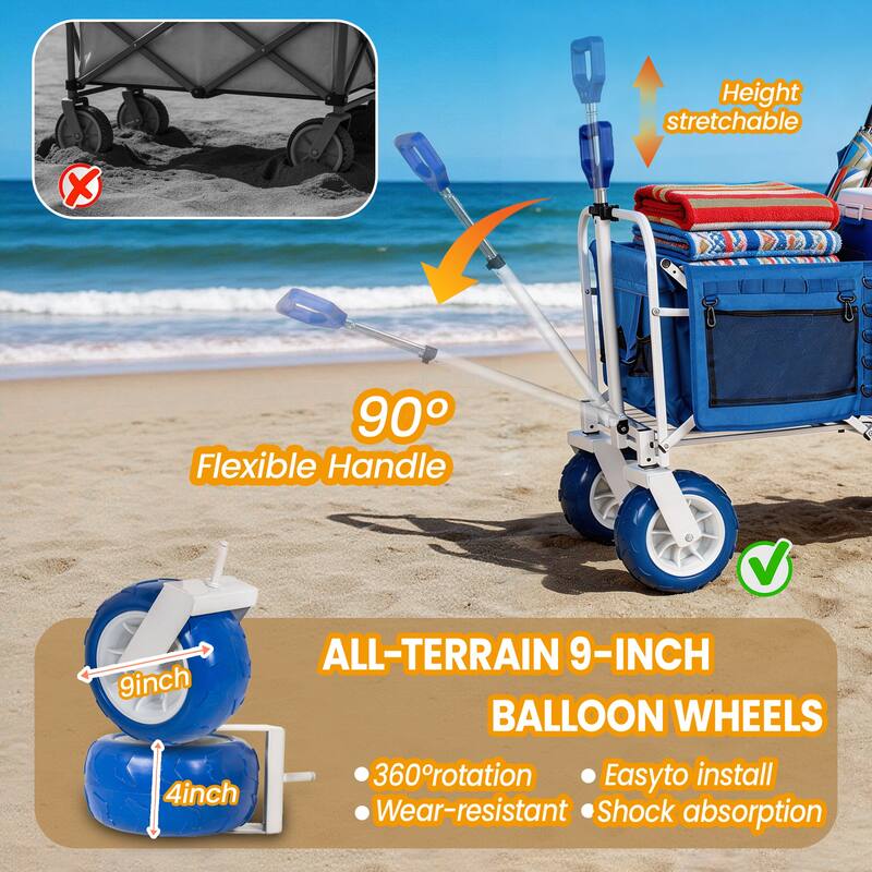 Beach Wagon Cart with Chair Racks and 9" All-Terrain Wheels, 500lbs Heavy Duty Collapsible Folding Wagon, Storage Bags