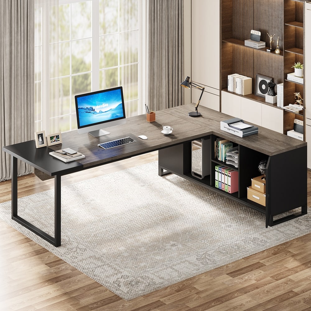 70.8-Inch L Shaped Executive Computer Desk with Storage Cabinet and Shelf