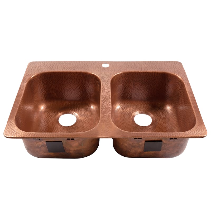 Santi Copper 33" Double Bowl Drop-In Kitchen Sink with 1 Hole