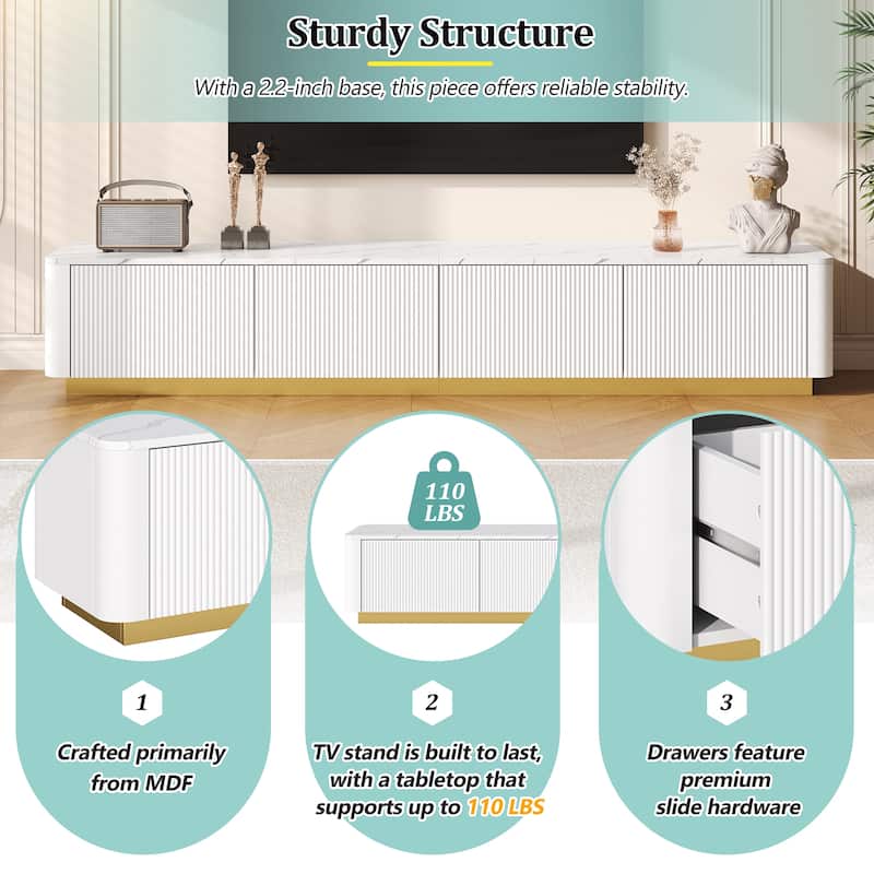 Luxury TV Stand for 85" TVs - Fluted Design, Faux Marble, 4 Drawers, Gold Base, Modern Console