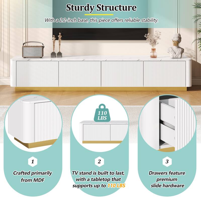 Roomfitters Luxury Fluted TV Stand for TVs up to 85", Modern Media Console with Faux Marble Top, Curved Design and Storage
