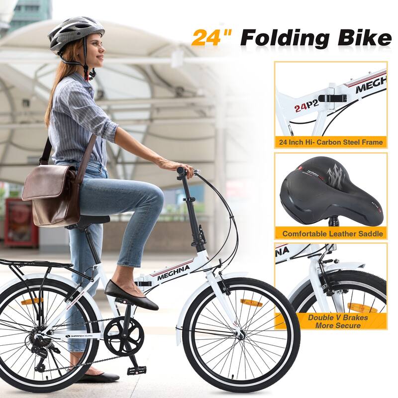 24" Folding City Bike, Shimano 7 Speed Road Cycling Bicycle with Dual V-Brake, Steel Frame for Teens, 16 Years and Up