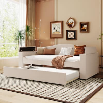 Beige Twin Size Upholstered Daybed with Storage Armrests, Trundle, and Bluetooth Audio