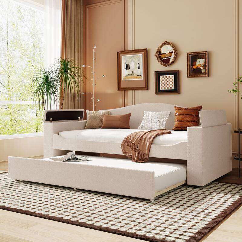 Twin Size Upholstered Daybed with Storage Armrests, Trundle and Latest Integrated Bluetooth Audio System, Teddy Fleece