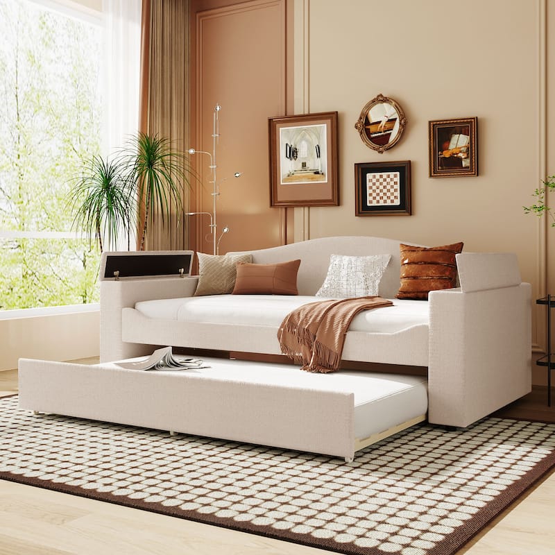 Upholstered Daybed with Bluetooth Speaker, Living Room Teddy Fleece Sofa Bed Frame with Storage Armrests and Trundle