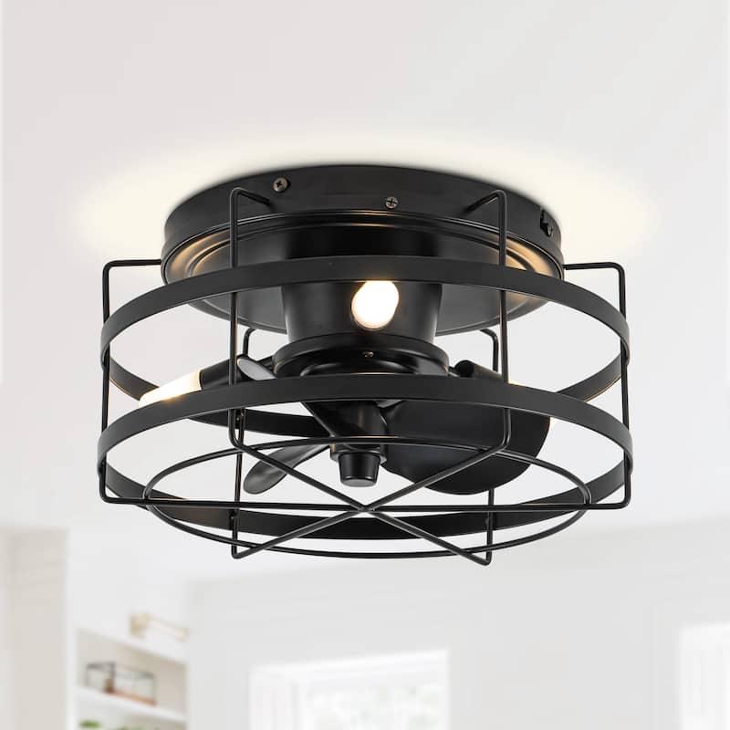 13-inch Matte Black Industrial Flush Mount Small Caged Fandelier Ceiling Fan with Remote and LED Light