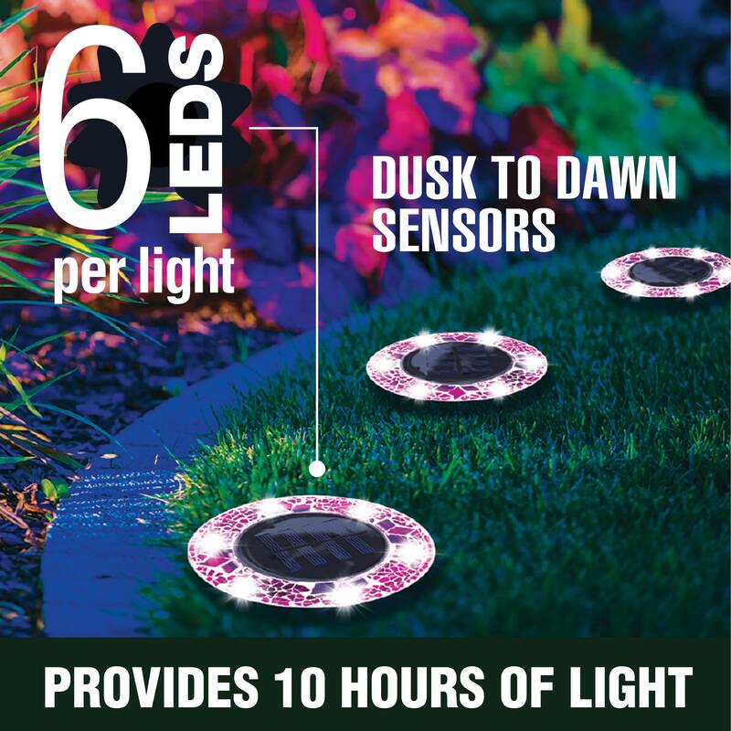 Bell + Howell 6 LED Round Fuchsia Mosaic Solar Powered Disk Lights with Auto On/Off - 8 Pack - Red