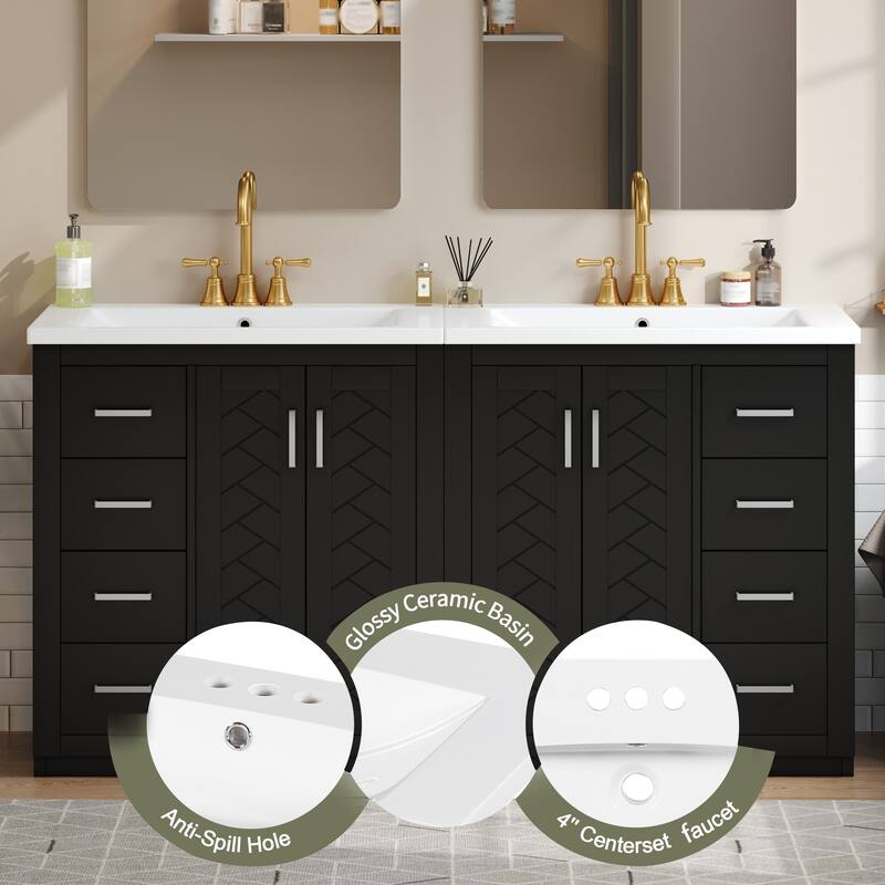 60'' Freestanding Bathroom Vanity Set with White Integrated Ceramic Sink - 60'' x 18.3'' x 34''