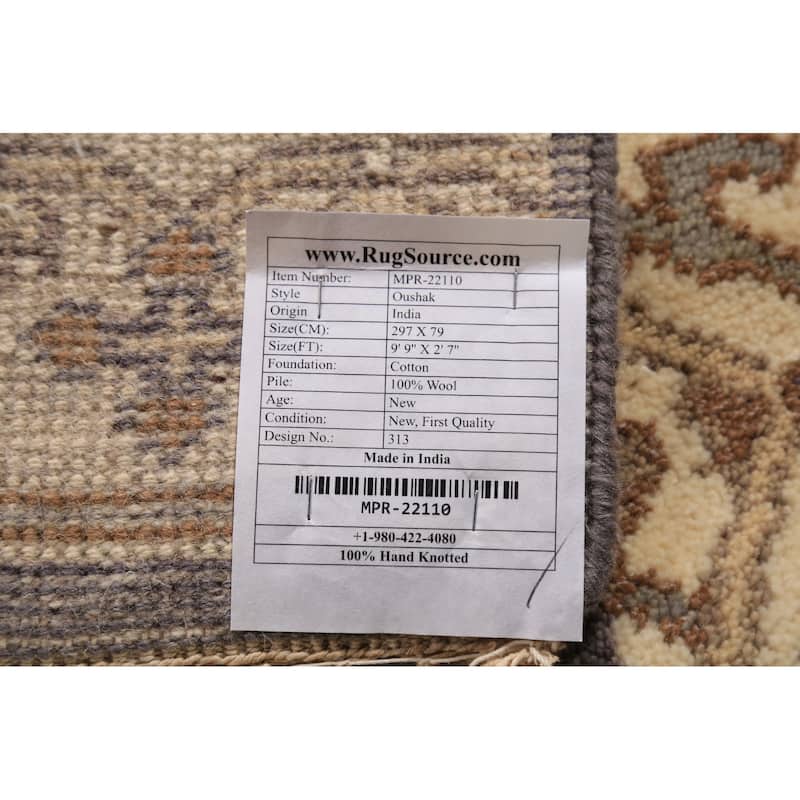 Oushak Indian Runner Rug Hand-Knotted Wool Carpet - 2'7" x 9'9"