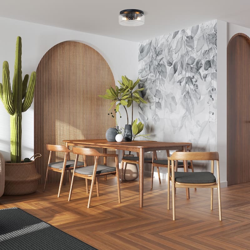 Rose Marie 13 in. 2-Light Matte Black Mid-Century Modern Semi Flush Mount with Clear Rippled Glass Shade for Bedrooms