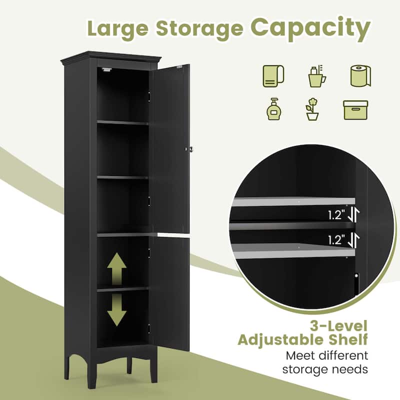 Costway Tall Bathroom Floor Cabinet Narrow Linen Tower with 2 Doors & - See Details