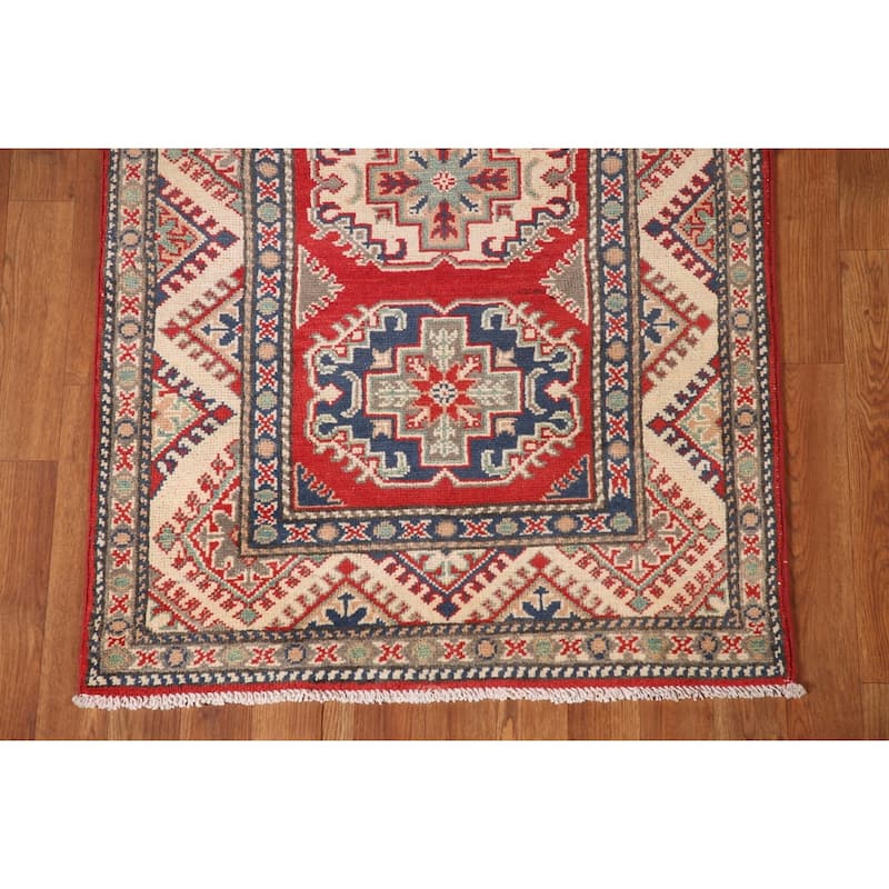 Geometric Red Kazak Runner Rug Handmade Oriental Wool Carpet - 2'9" x 10'8"