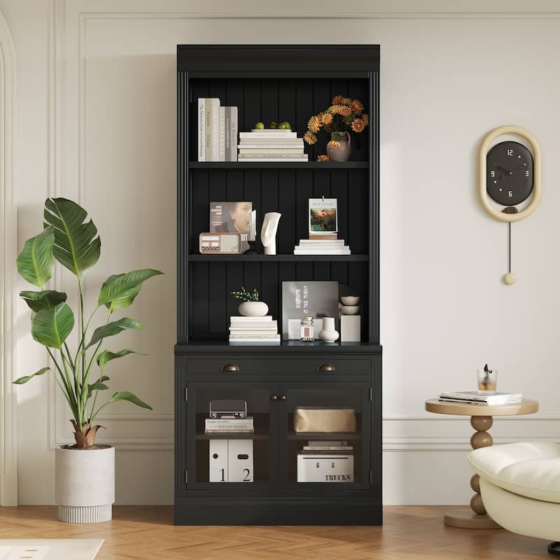 83.4" Modern Bookshelf Suite with LED Lights, Glass Doors, Drawers & Open Shelves, 2-Piece Storage Bookcase Set for Home Office