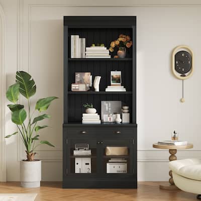 Modern 83.4" Tall Bookcase - 2 Glass Doors, 1 Drawer & Open Shelves, Living Room/Office Storage