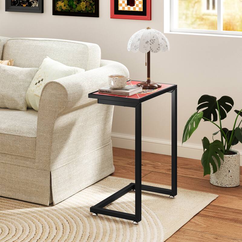 Gymax 2PCS Mosaic Outdoor C-Shaped End Table w/ Ceramic Tile Top
