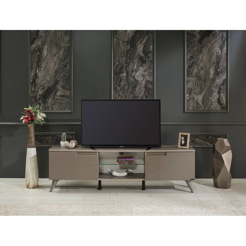 FurnisHome Store Luxia Mid Century Modern Tv Stand 2 Sliding Door Cabinet 2 Shelves 67 inch Tv Uni, White