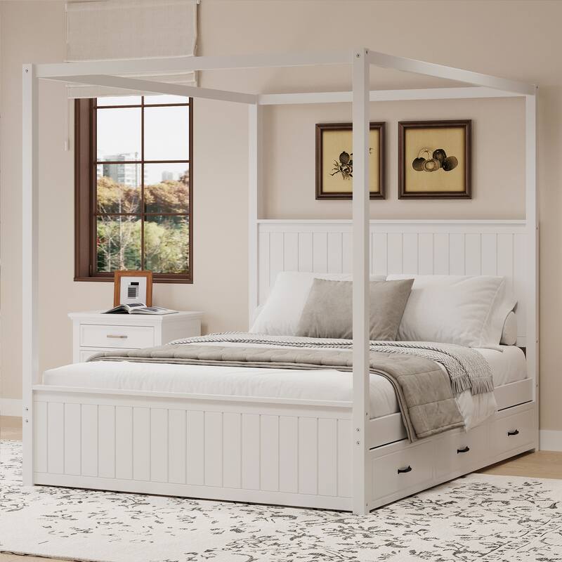 Modern Canopy Platform Bed with Trundle and Three Storage Drawers,4-Post Solid Wood Bed Frame with Headboard