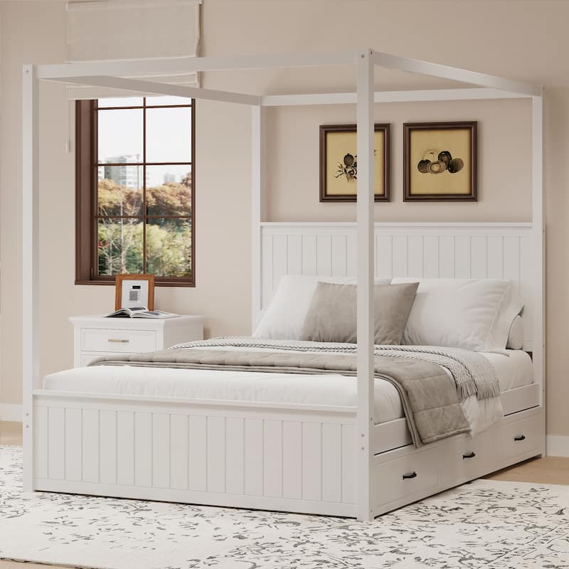 Queen Size Canopy Bed Platform Bed with Trundle Drawers Under-bed - White - Queen