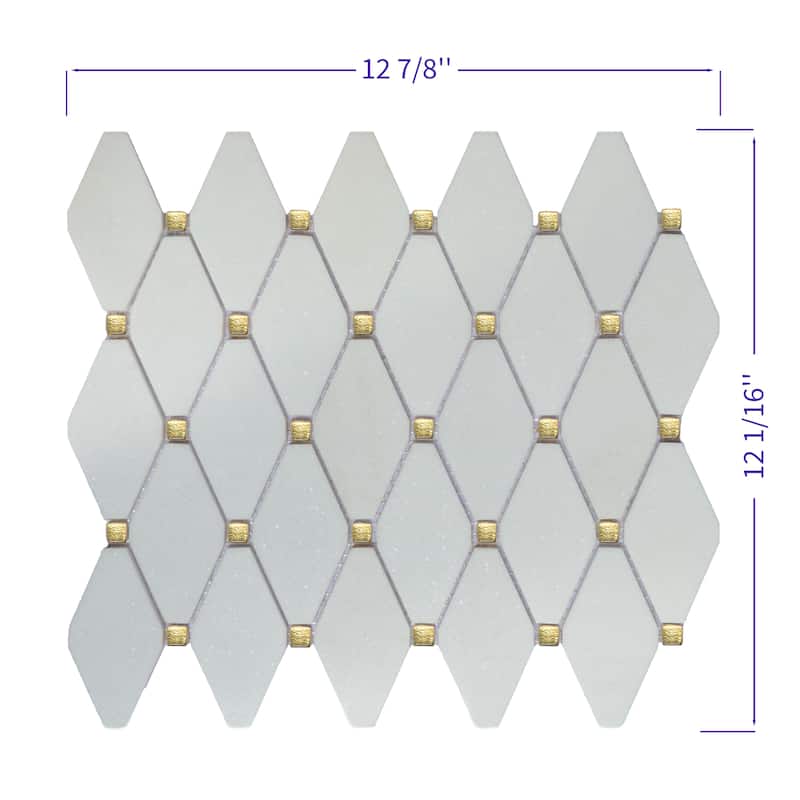 Thassos White Marble Diamond And Gold Glass Wall Mosaic Tiles - Case (10 Sheets)