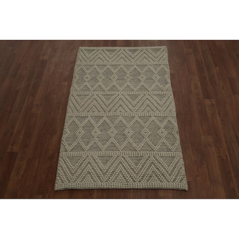 Hand Knotted Oriental 100% Wool Carpet Modern Geometric Beige & Ivories Moroccan Area Rug - 4' 7'' X 2' 11''