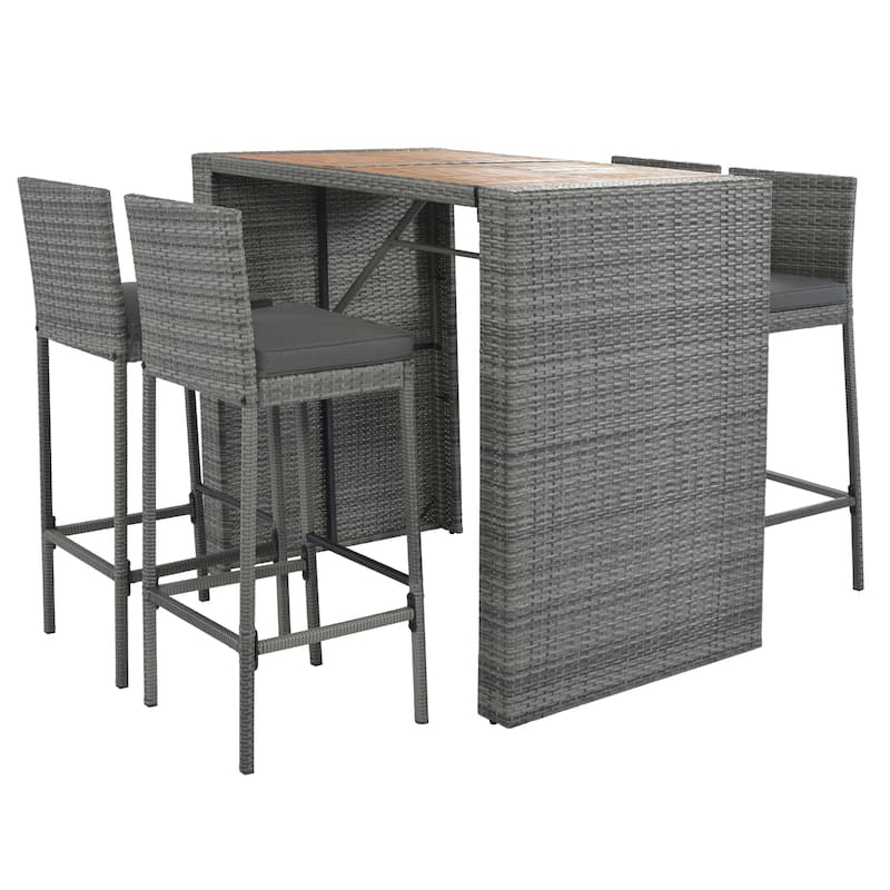 5-pieces Outdoor Patio Wicker Bar Set, Bar Height Chairs With Non-Slip Feet And Fixed Rope, Removable Cushion