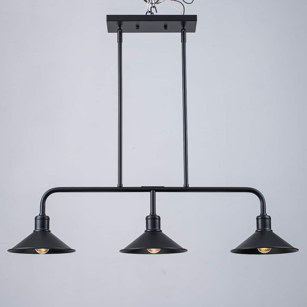 34" Modern Industrial Farmhouse Black Linear 3-Light Island Pendant Light with Cone Shades for Kitchen and Dining Room