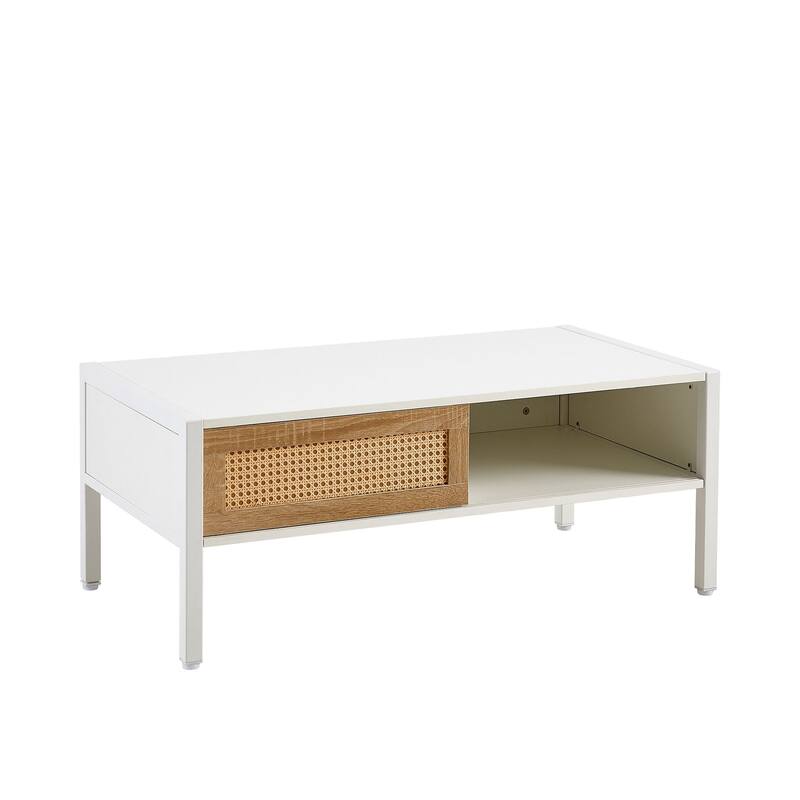 40.16" Mordern Rattan Coffee Table with Sliding Door and Metal Legs