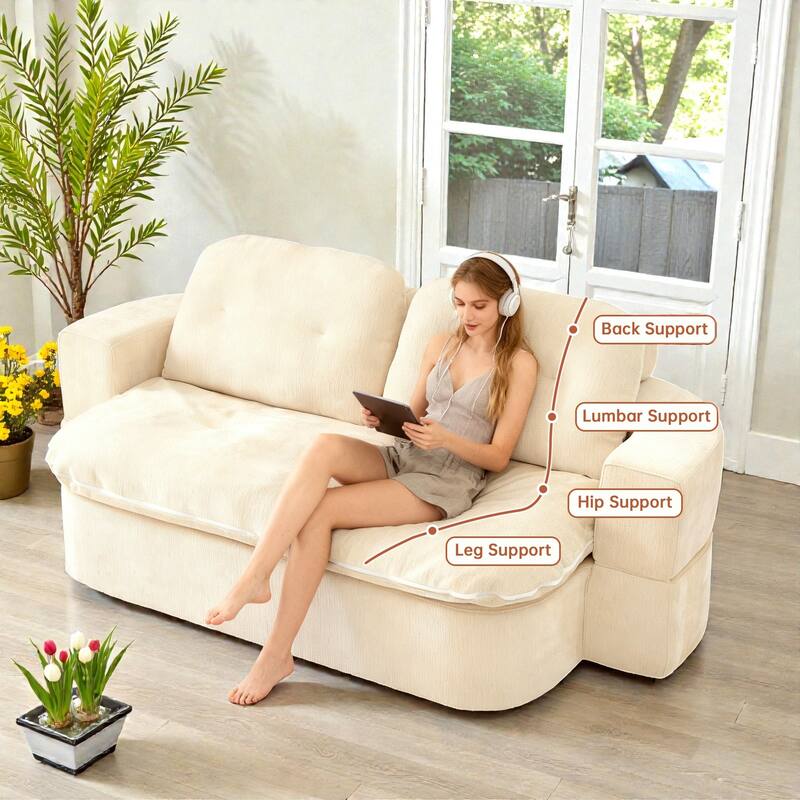 Modern Convertible Floor Sofa Bed with Pillows, Corduroy Foldable Sleeper Sofa Mattress with Built-In Quilt, No Assembly